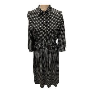 Vintage black white polka dot shirt dress elastic waist button front union tag